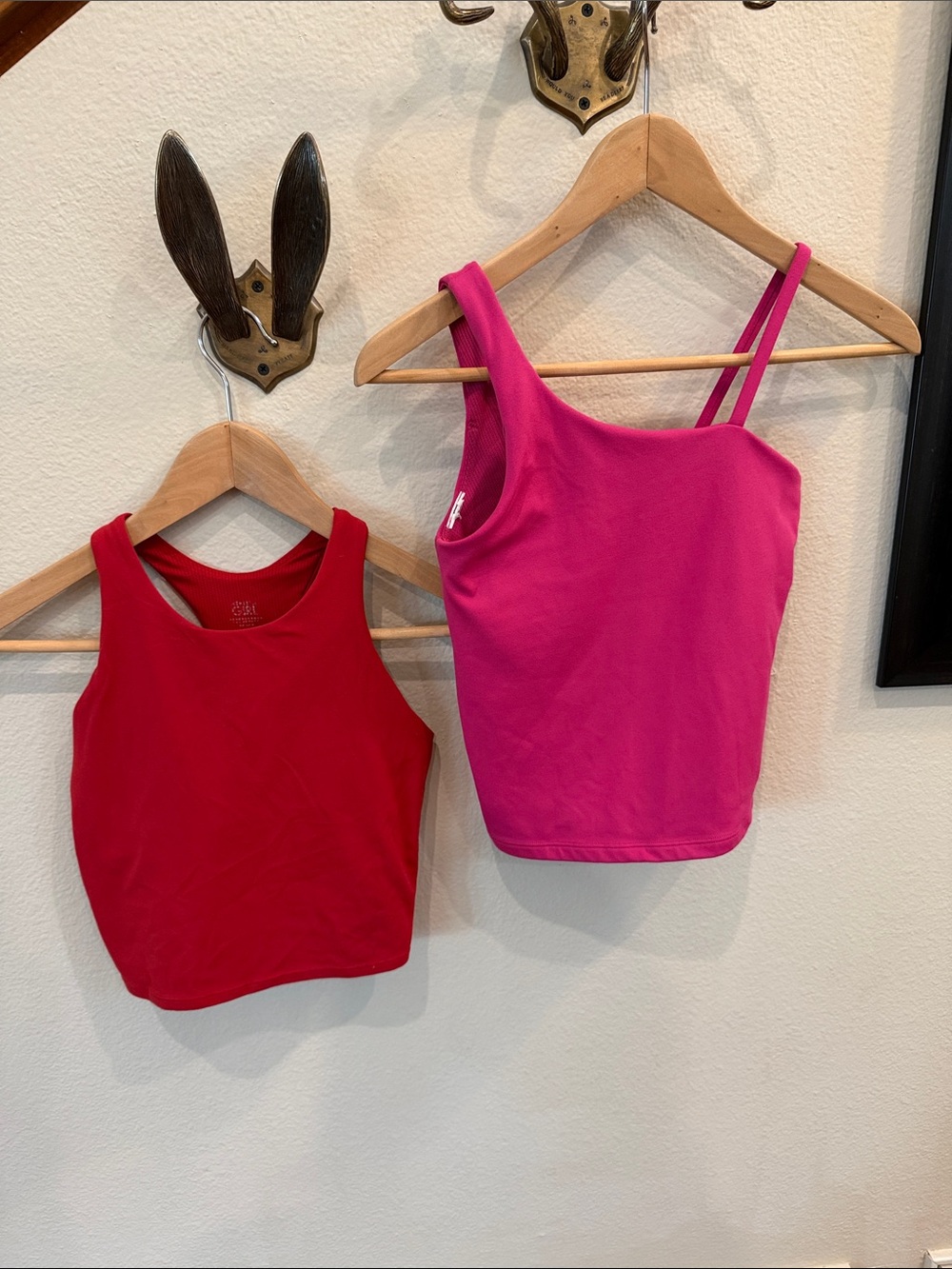 Athleta Bright Pink One-Shoulder Tank with Double Straps and Red Crop Tank